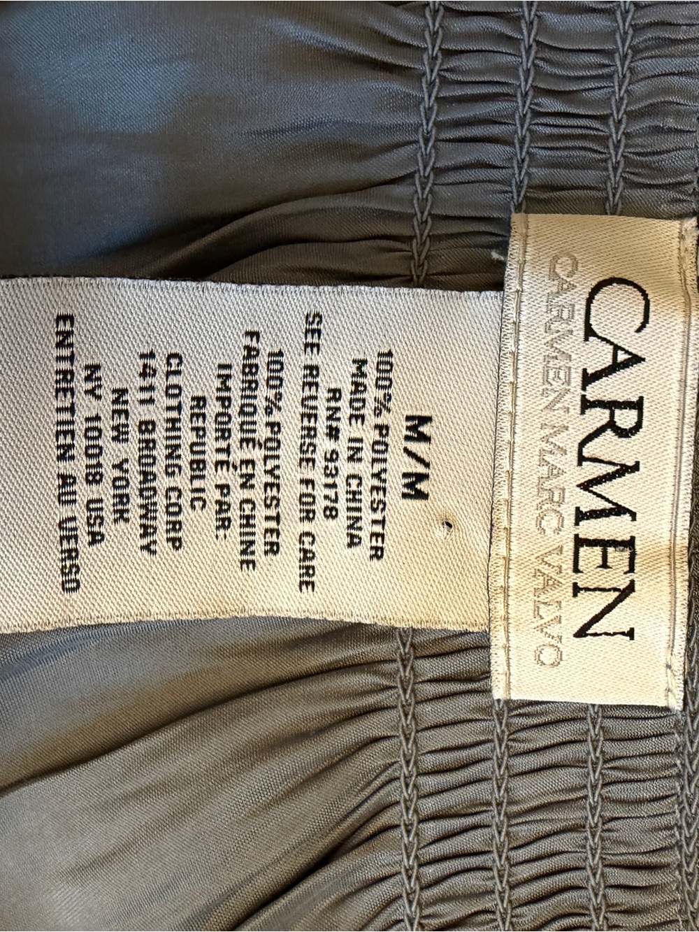 Carmen Marc Valvo Slate Blue Satin Blouse Ruffle Smocked V Neck Long Sleeve M - Picture 5 of 9